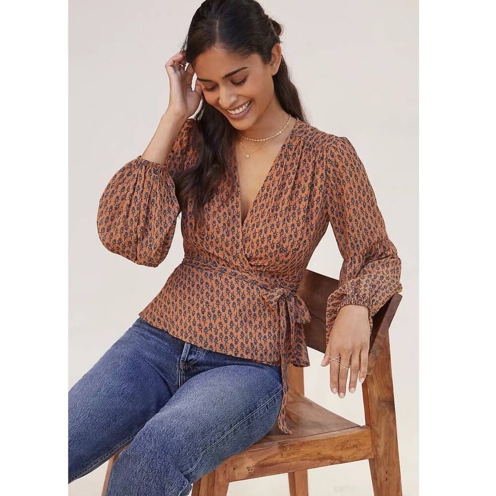 New Anthropologie PORRIDGE Puff Long Sleeve Wrap Blouse $98 SMALL Brown Floral